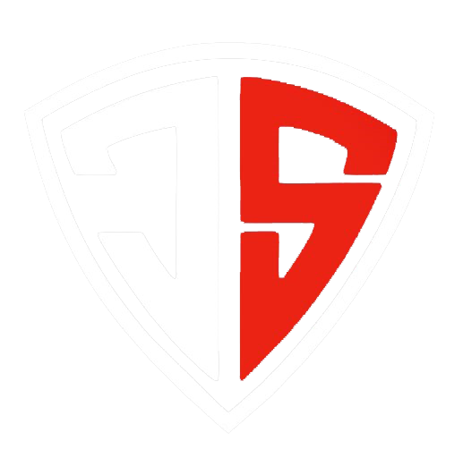 Helles Firmenlogo in Wappenform mit den roten und grauen Buchstaben JS.